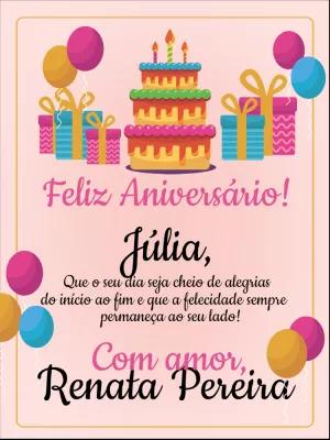 Cartão de Aniversário com Bolo e Balões para Editar Online