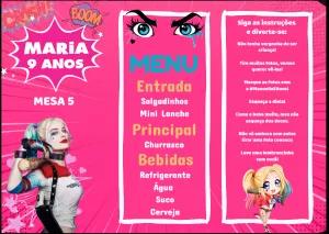 Menu Cardápio Arlequina Editável para Festa de Aniversário