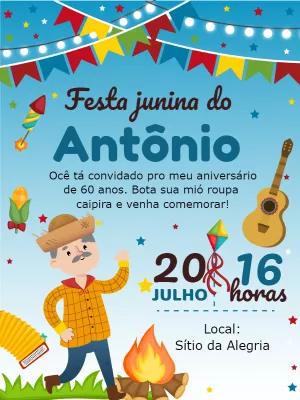 Convite de Aniversário Festa Junina com Personagem para Editar