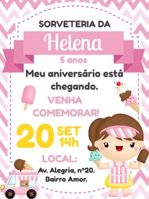 Convite Aniversário Sorveteria da Menina para Editar Online