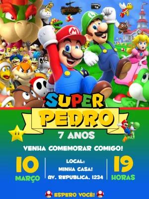 Convite Aniversário Super Mario com Personagens para Editar