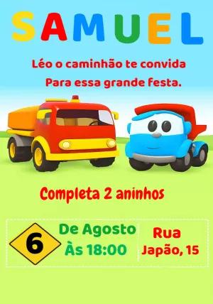 Convite de Aniversário Léo o Caminhão para Editar Online