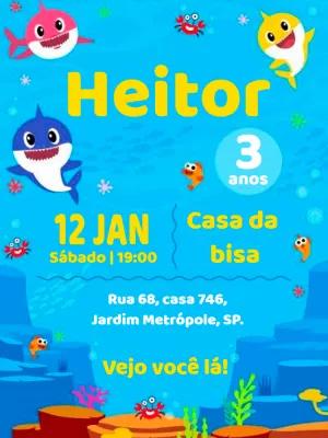 Convite de Aniversário Baby Shark com Personagens para Editar