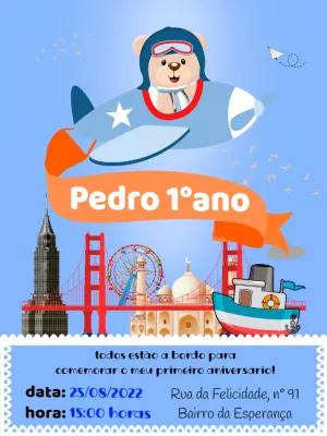 Convite Aniversário Ursinho Aviador para Editar Online