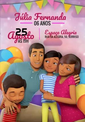 Convite Aniversário Família Desenho 3D para Editar Online