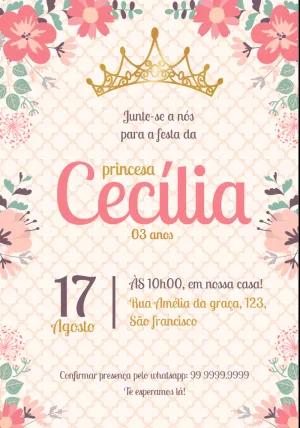 Convite Aniversário Princesa Floral com Coroa para Editar Online