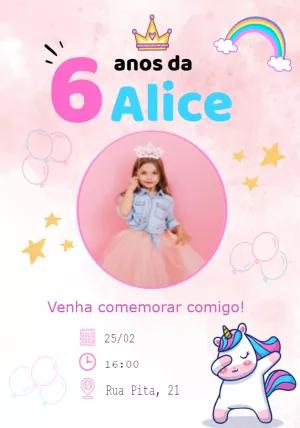 Convite Aniversário Unicórnio com Foto para Editar Online