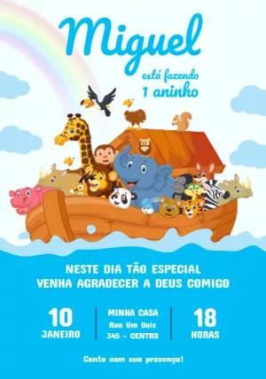Convite Aniversário Arca de Noé com Animais para Editar Online