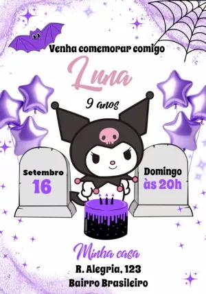 Convite de Aniversário Kuromi Roxo para Editar Online