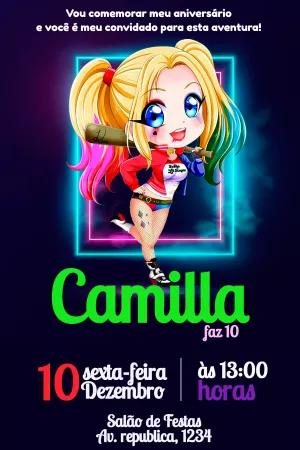 Convite Aniversário Arlequina Chibi para Editar Online
