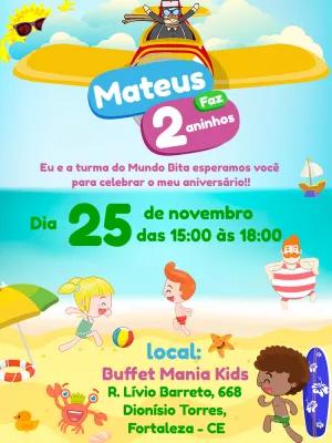 Convite Aniversário Mundo Bita Praia para Editar Online