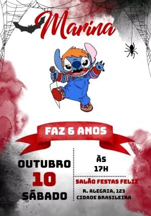 Convite Aniversário Stitch Chucky Halloween para Editar Online