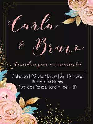 Convite de Casamento Floral Preto e Rosa para Editar Online