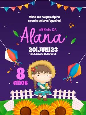 Convite Arraiá de Aniversário com Menina Caipira para Editar