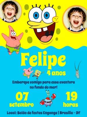 Convite Aniversário Bob Esponja com Foto para Editar Online