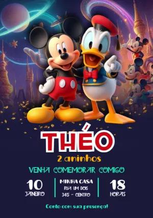 Convite Aniversário Mickey e Donald no Espaço para Editar Online