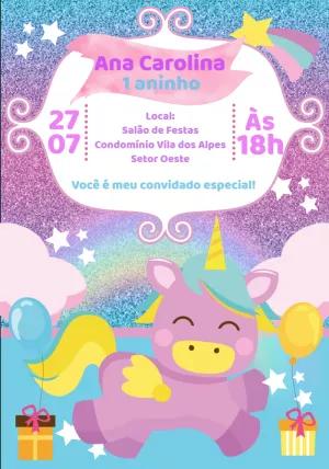 Convite Aniversário Unicórnio Baby com Glitter para Editar