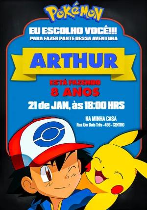 Convite Aniversário Pokémon com Ash e Pikachu para Editar Online