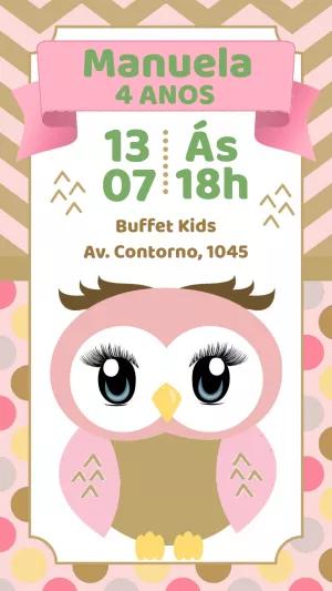 Convite Aniversário Corujinha Rosa para Editar Online