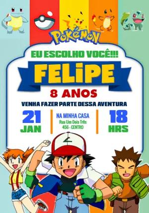 Convite Aniversário Pokémon com Personagens para Editar Online