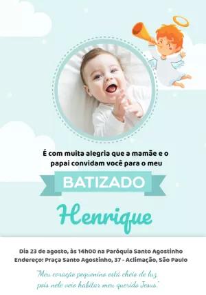 Convite de Batizado com Foto e Anjo para Editar Online