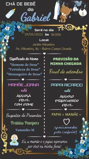 Convite Chá de Bebê Floral Azul com Ursinho para Editar