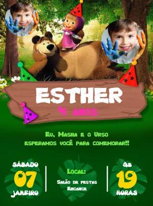 Convite Aniversário Masha e o Urso com Foto para Editar