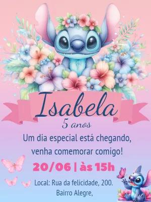 Convite Aniversário Stitch Floral para Editar Online