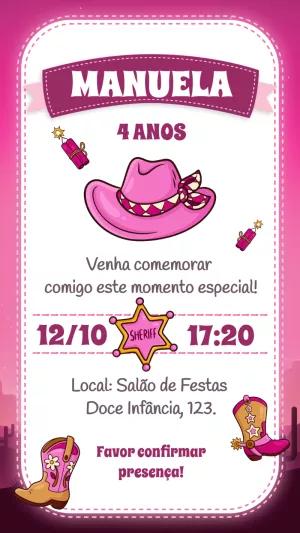 Convite Aniversário Boiadeira Rosa para Editar Online