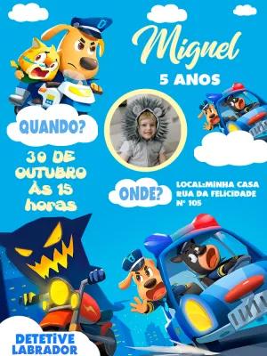 Convite Aniversário Detetive Labrador com Foto para Editar Online