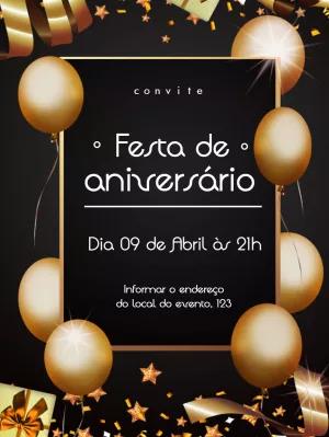 Convite de Aniversário Preto e Dourado Elegante Editável Online