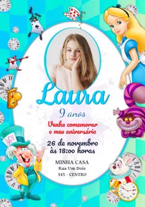 Convite Aniversário Alice no País das Maravilhas com Foto para Editar