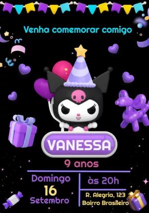 Convite de Aniversário Kuromi Editável Online para Enviar