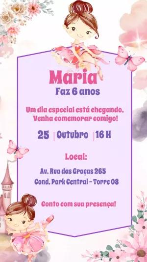 Convite Aniversário Bailarina Delicada para Editar Online