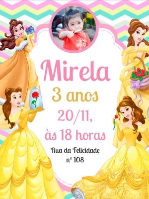 Convite Aniversário Princesa Bela com Foto para Editar Online