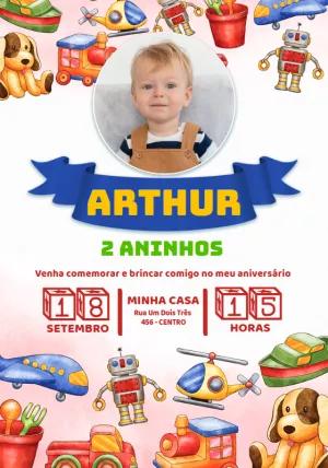 Convite Aniversário Brinquedos com Foto para Editar Online