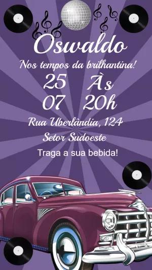 Convite Aniversário Anos 60 Retrô com Carro para Editar Online