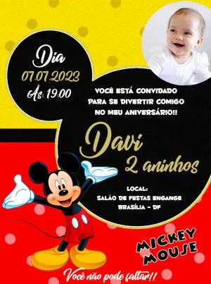 Convite Aniversário Mickey Mouse com Foto para Editar Online