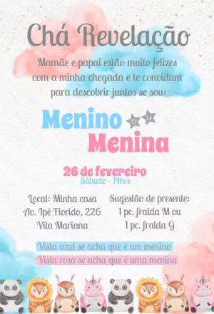 Convite Chá Revelação Animais Fofos para Editar Online