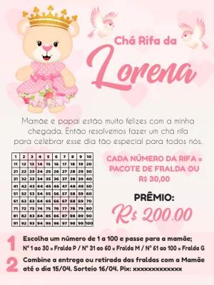 Chá Rifa Ursinha Princesa Editável Online para Imprimir