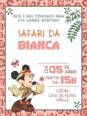 Convite Minnie Safari Rosa Editável para Aniversário Infantil