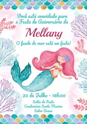 Convite de Aniversário Sereia Aquarela para Editar Online