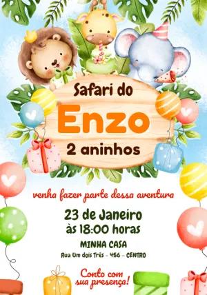 Convite de Aniversário Safari com Animais para Editar Online