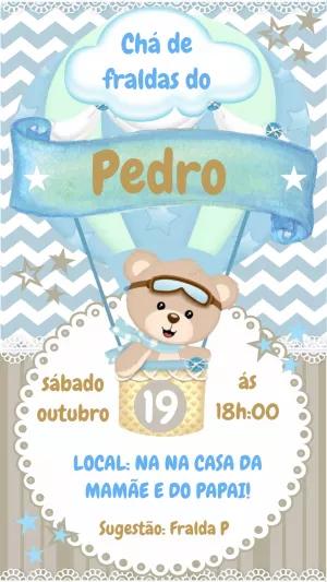 Convite Chá de Fraldas Ursinho Baloeiro para Editar Online