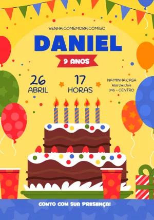 Convite de Aniversário com Bolo e Balões para Editar Online