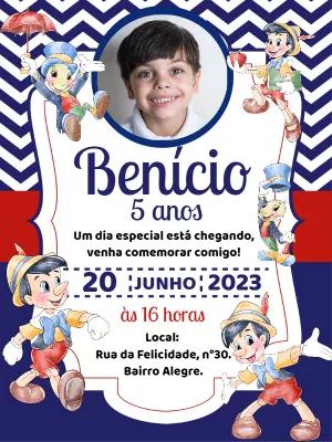 Convite Aniversário Pinóquio com Foto para Editar Online