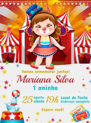 Convite Aniversário Circo com Palhacinha para Editar Online