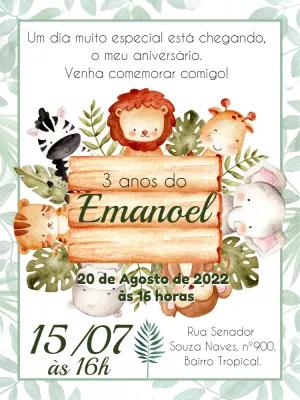 Convite Aniversário Safari com Animais Fofos para Editar Online