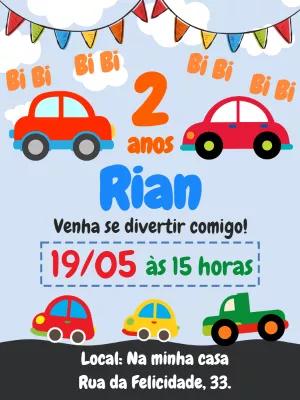 Convite de Aniversário Carrinhos Coloridos para Editar Online