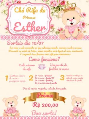 Convite Chá Rifa Ursinha Princesa Delicado para Editar Online